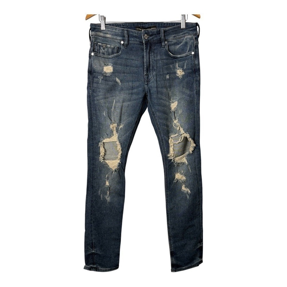 Guess Men Skinny Jeans Dark Wash Distressed Shredded Denim Rocker GrungeSize 31